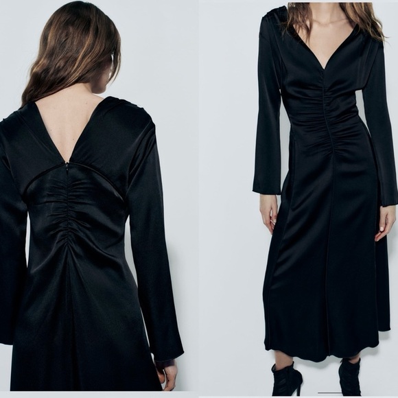 Zara Studio Collection limited edition black A-line V- neck pleated midi dress M - Picture 6 of 17